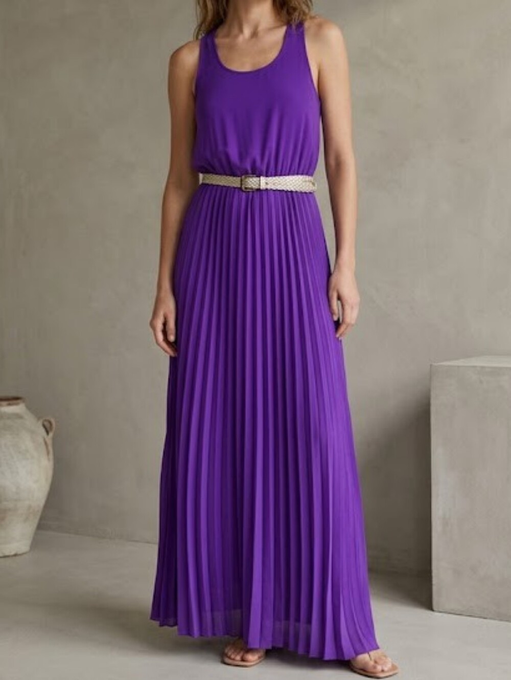 Semi-formal pleated racer-back maxi dress